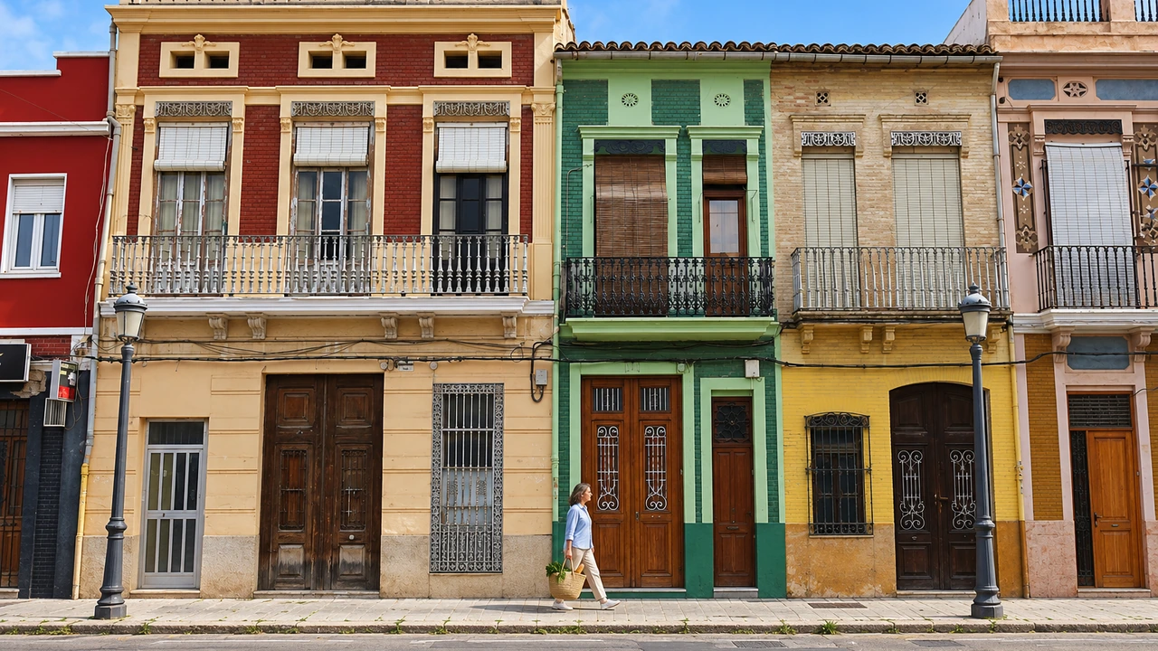 AI illustration: a woman carrying groceries at Carrer de la Reina 142–146, El Cabanyal, based on a photograph by Enric (2016).