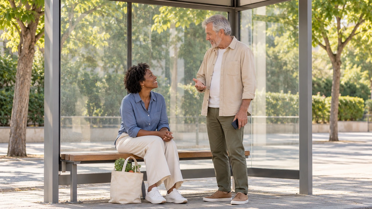 AI illustration: A conversation at a bus stop while exploring a neighbourhood.