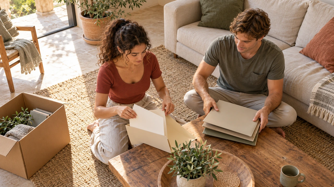 AI illustration: A couple organises folders after moving.