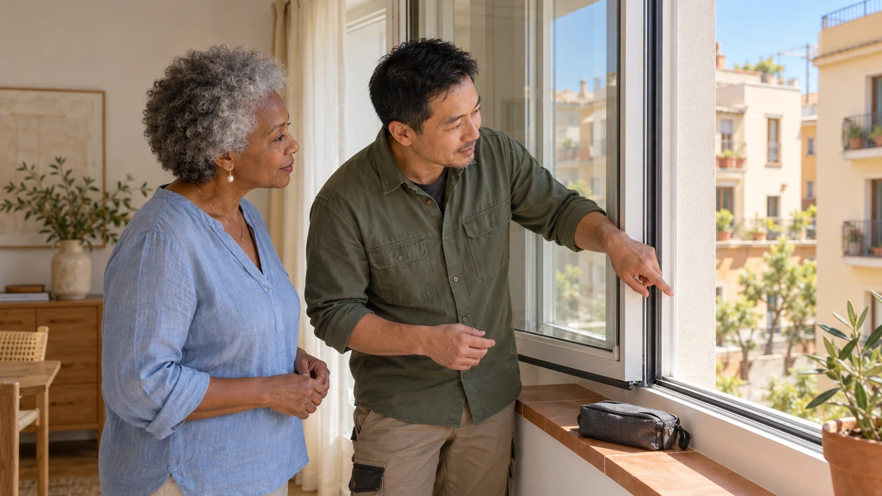 AI illustration: a homeowner and technician inspect an apartment window.