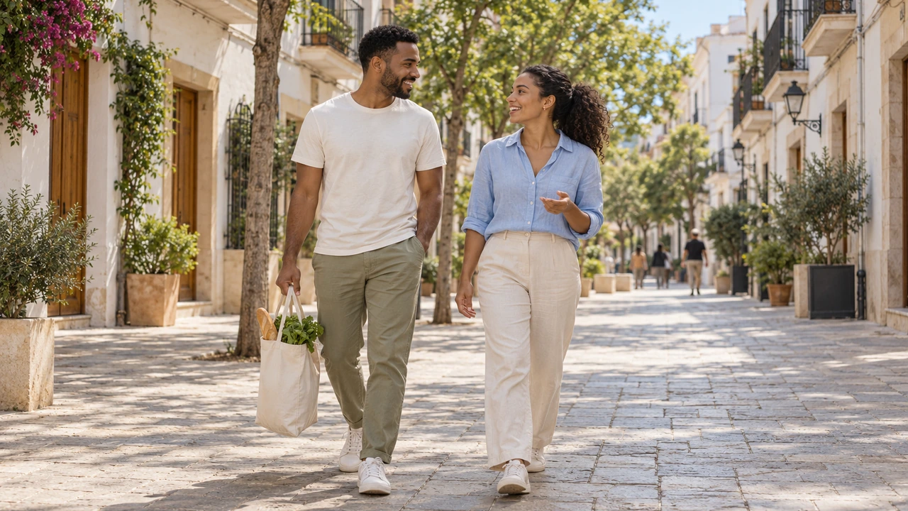 AI illustration: a grocery walk along a fictional Mediterranean street. This is not a photograph of a specific location in Valencia.