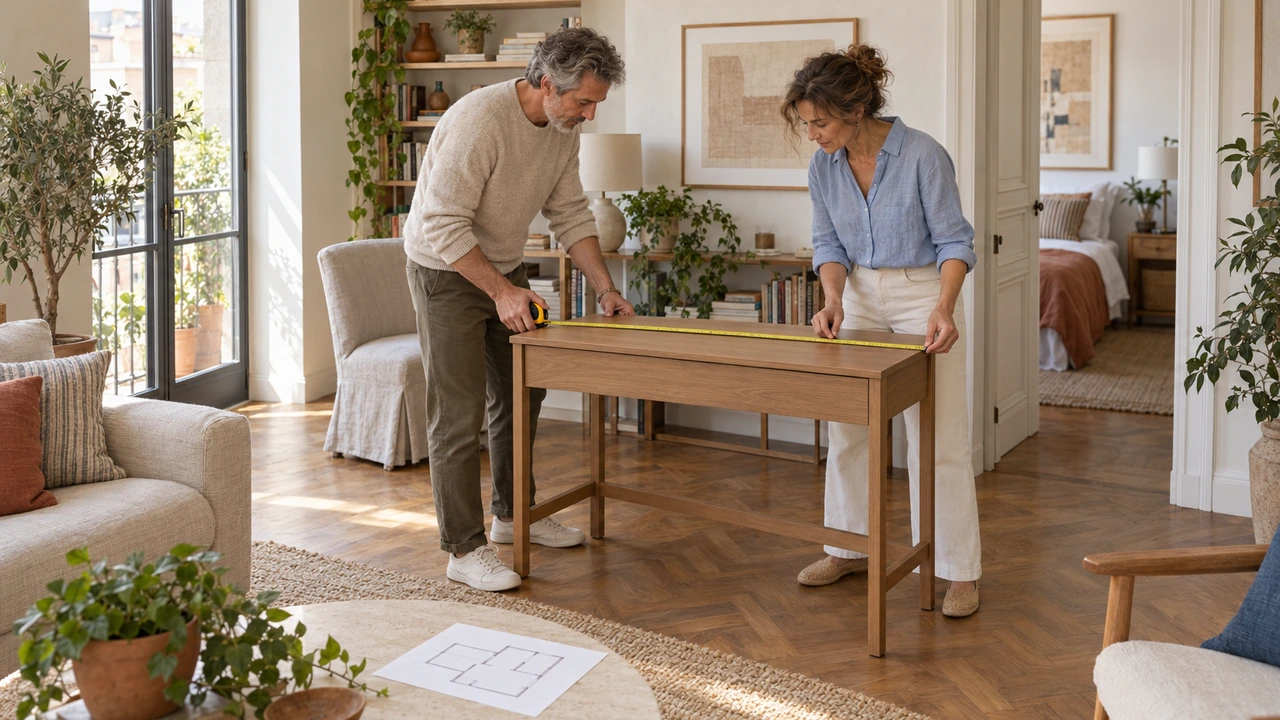 AI illustration: a couple checks a desk's dimensions with a tape measure.
