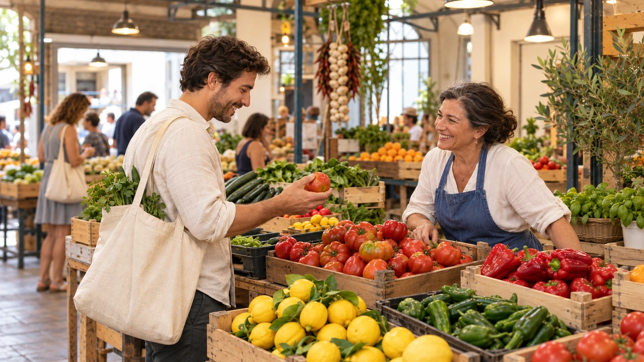 AI illustration: a shopper chooses vegetables at a market stall.