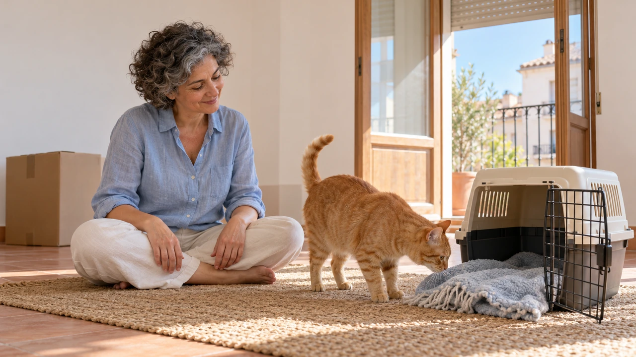 AI illustration: a cat settles into a new home beside its owner.