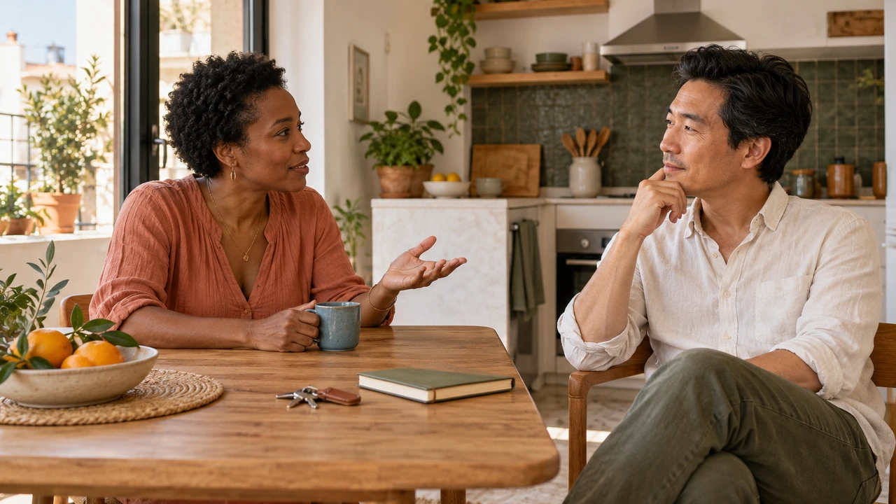 AI illustration: A couple discusses a home purchase budget.