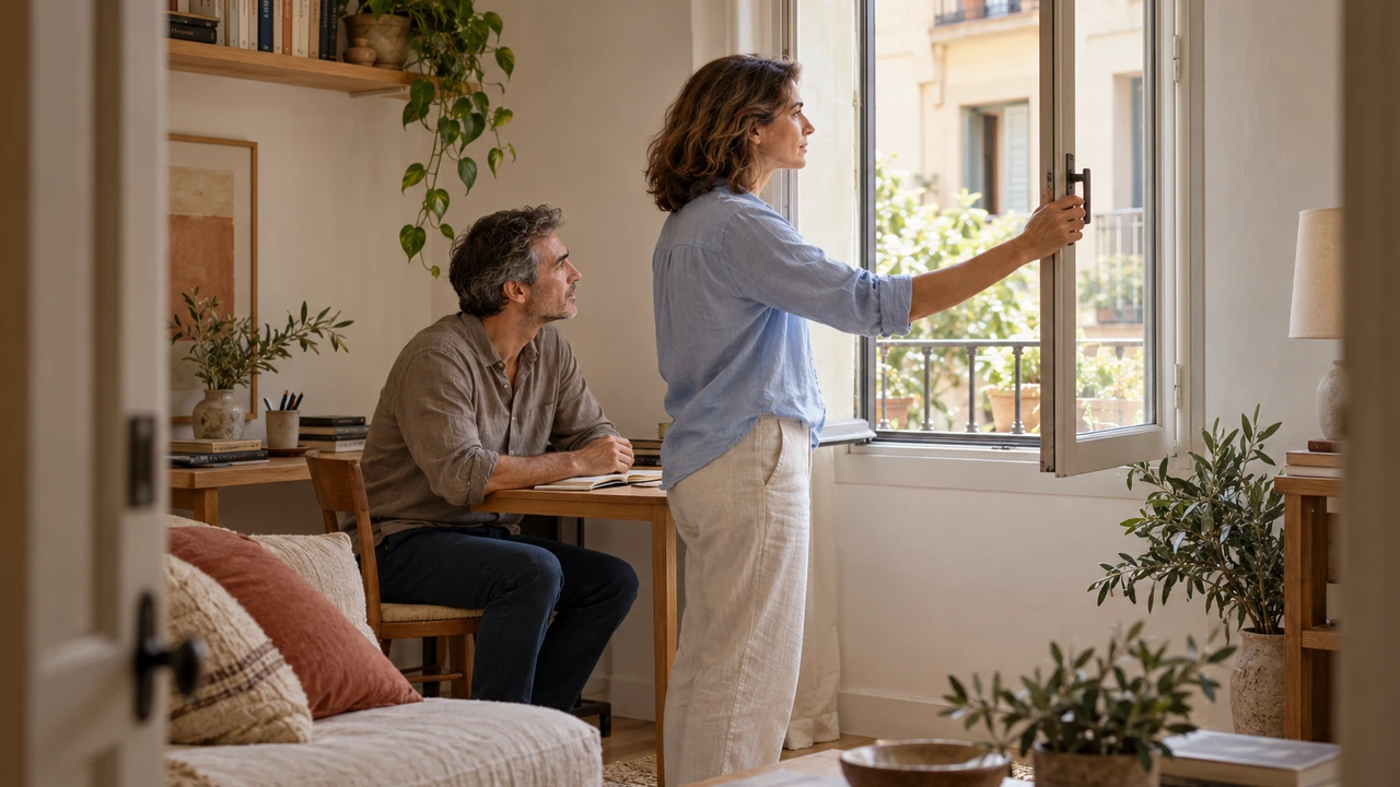 AI illustration: a couple listens to sounds by an open window.