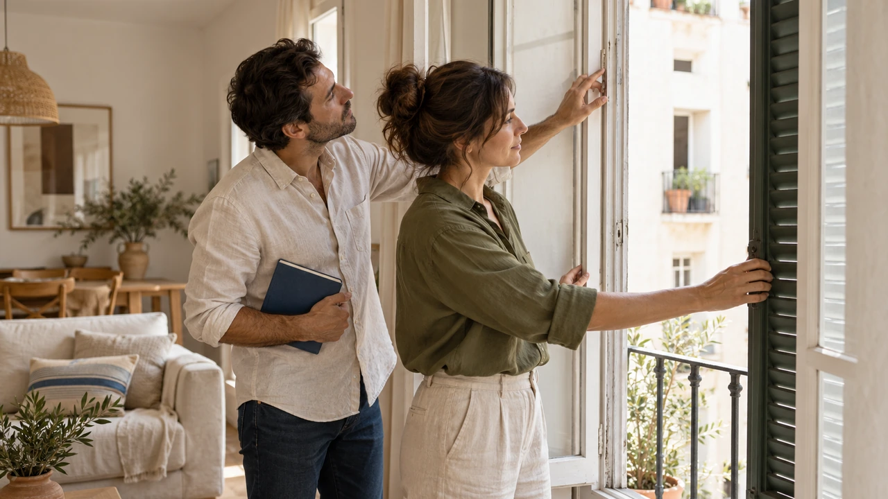 AI illustration: a couple checks a window and shutters during a second viewing.