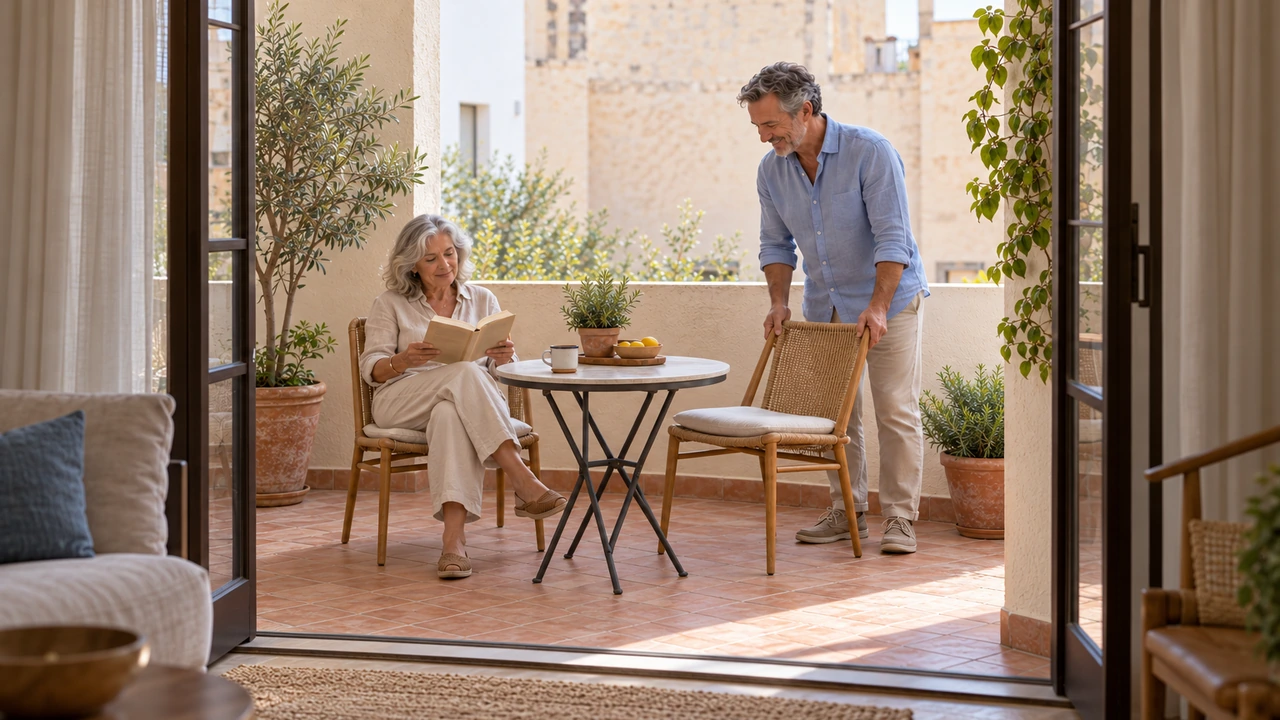 AI illustration: reading and checking chair clearance on a small terrace.