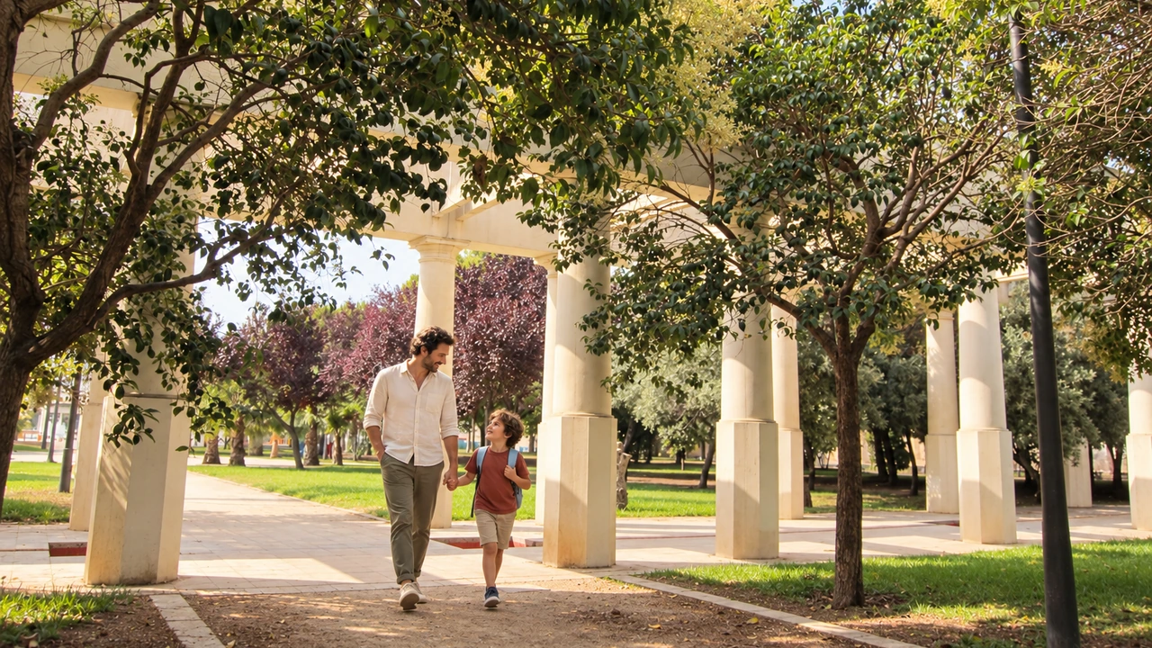 AI illustration: a father and child walking in the Turia Gardens, based on a photograph by Carlos Cunha (2013).